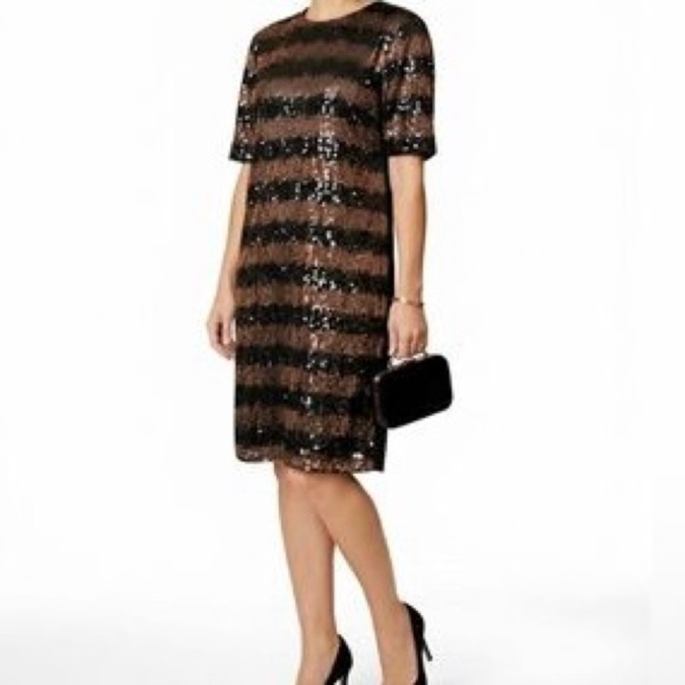 NWT Gibson Latimer Gold & Black Striped Sequin Short Sleeve Shift Dress Size XL